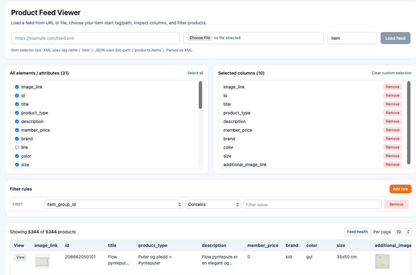 Product Feed Viewer interface showing feed analysis results